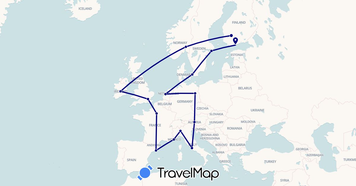 TravelMap itinerary: driving in Austria, Germany, Denmark, Spain, Finland, France, United Kingdom, Ireland, Italy, Netherlands, Norway, Sweden (Europe)